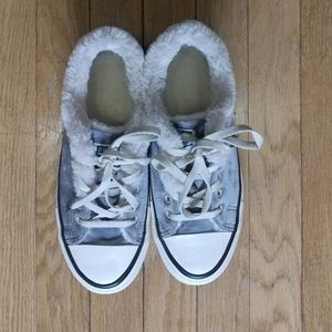 Gray velvet high top sneakers with faux fur inside